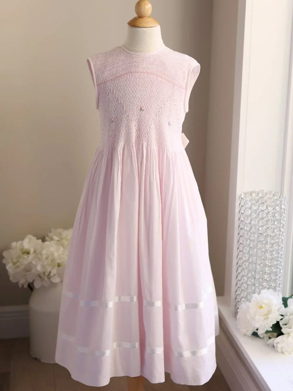Strasburg Pink Smocked Dress Heirloom White Ribbon Size 8 Spring Summer Portrait